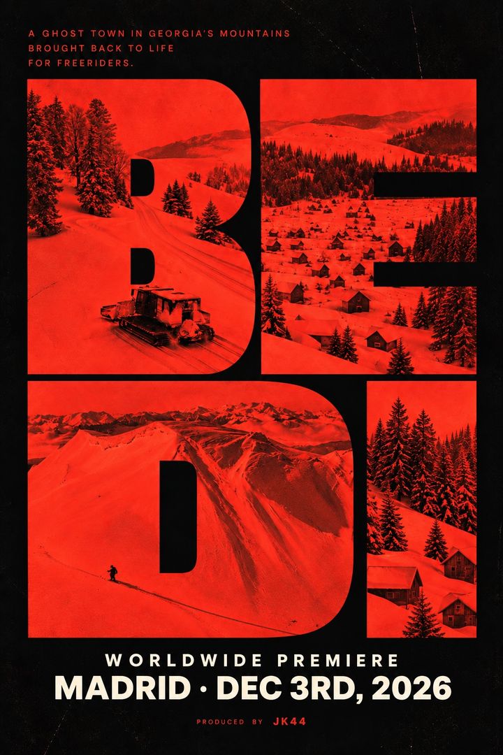 BEDI poster: the letters BEDI filled with snowy Georgian mountain scenes